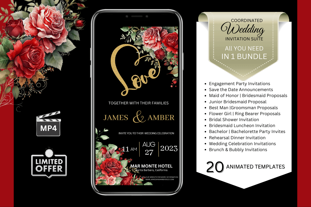 Wedding Invitations - Red Roses (Black Background) Bundle