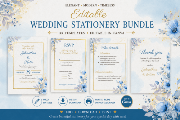 Wedding Stationery Bundle - Blue & Gold Graphic by Vix